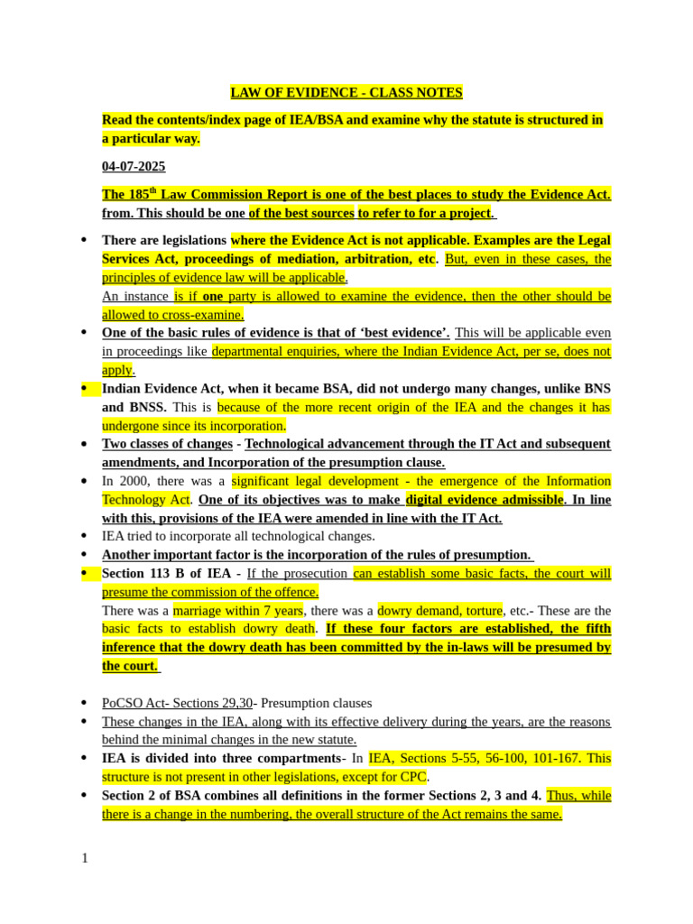 Law of Evidence-Class Notes | PDF | Evidence (Law) | Witness