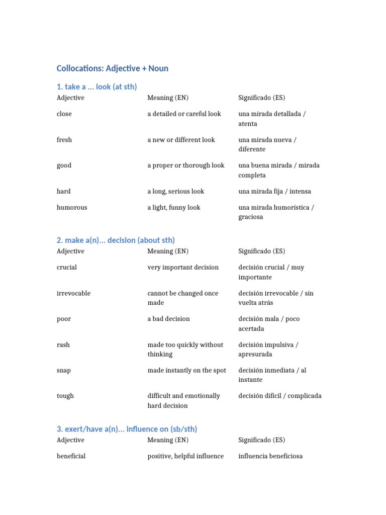 Adjective-Noun Collocations Guide | PDF