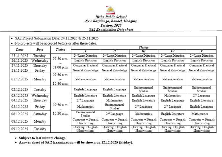 Disha Public School SA2 Exam Schedule 2025 | PDF