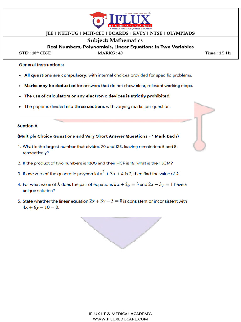 10th Cbse Mathematics Nov Test Series Real Numbers, Polynomials, Linear ...