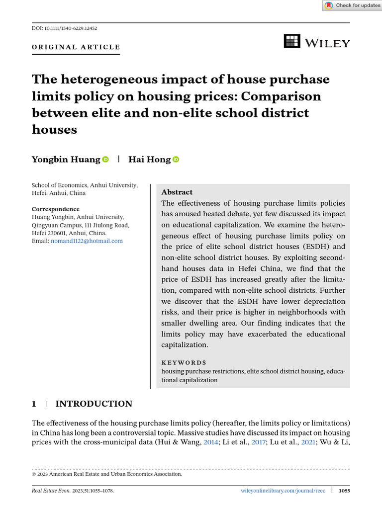 Real Estate Economics - 2023 - Huang - The Heterogeneous Impact of ...