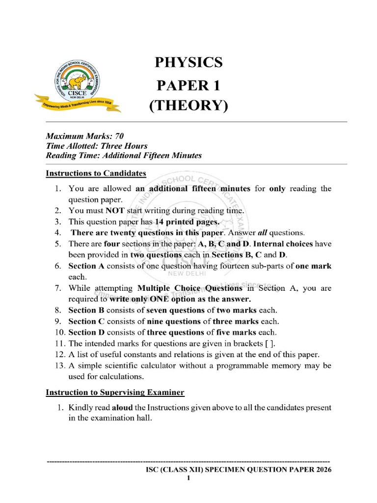 Physics Specimen Paper 2026 | PDF