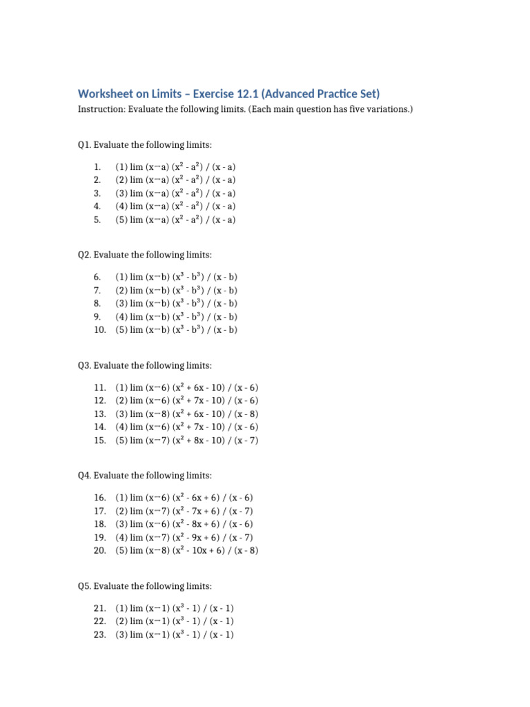 Advanced Limits Practice Worksheet | PDF | Chess | Chess Openings