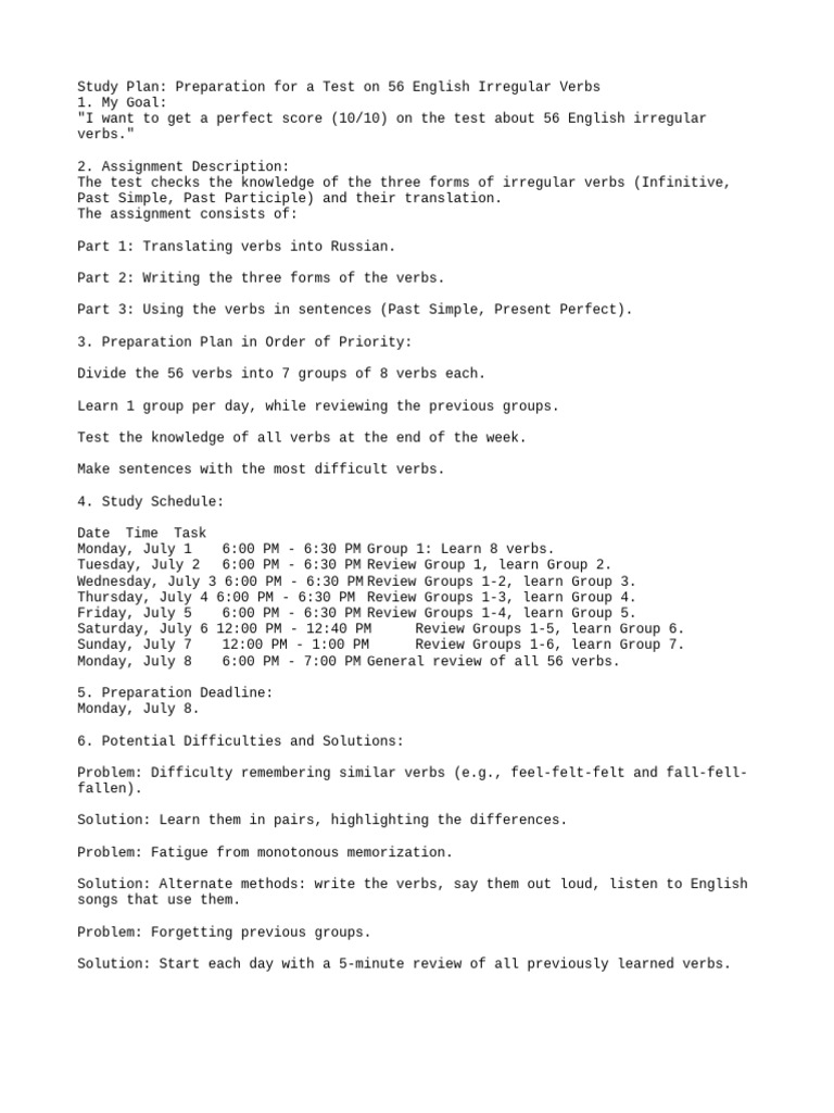 Study Plan for 56 English Irregular Verbs | PDF