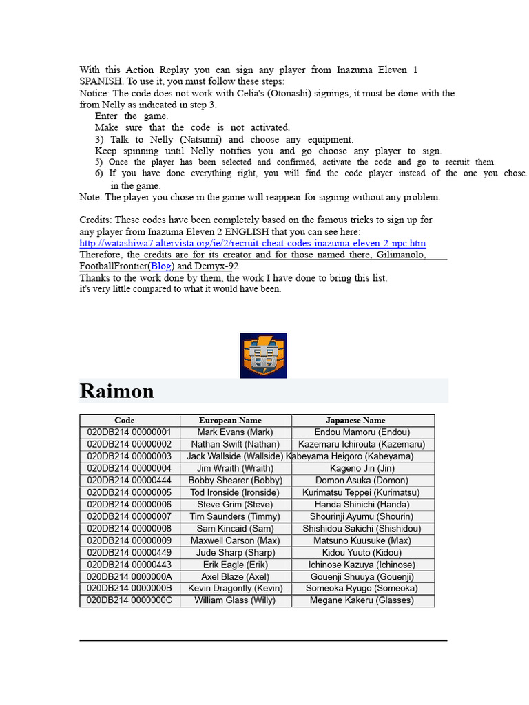 Inazuma Eleven 1 Player Signing Codes | PDF | Greek Deities | Zeus