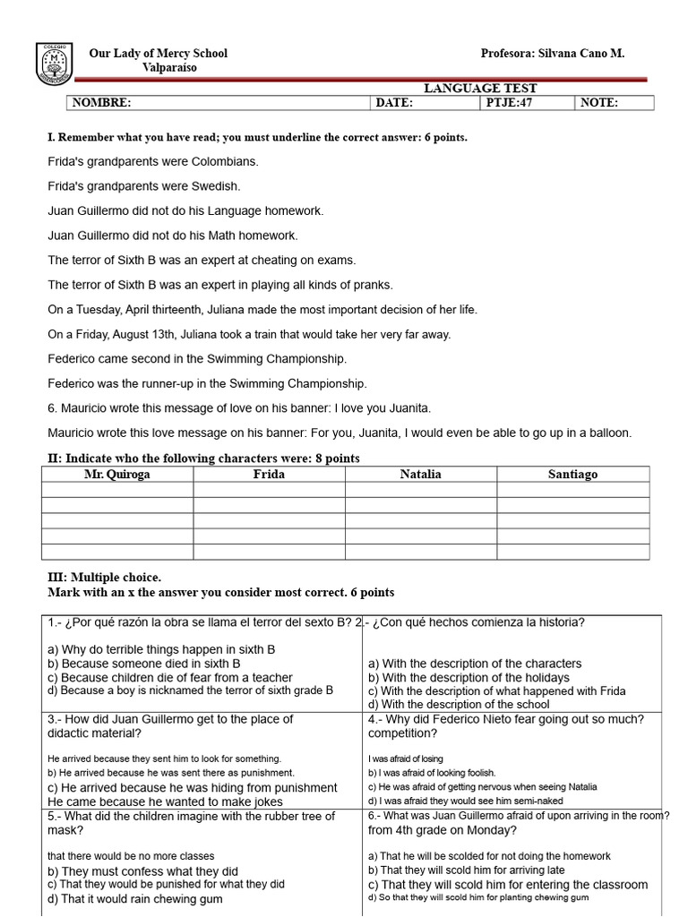 Language Test for Sixth Grade Students | PDF