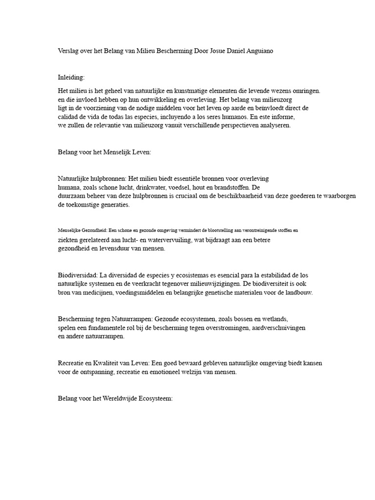 Rapport Over Het Belang Van Milieu Zorg Door Josue Daniel Anguiano | PDF