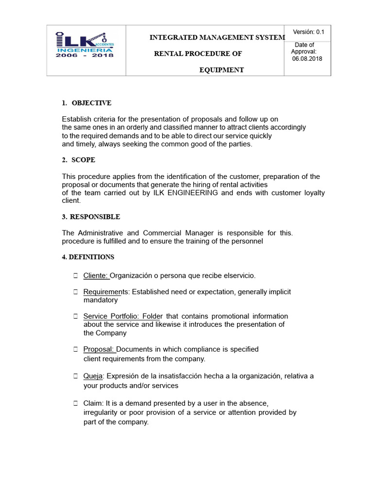 Equipment Rental Management Procedure | PDF | Negotiation | Telephone