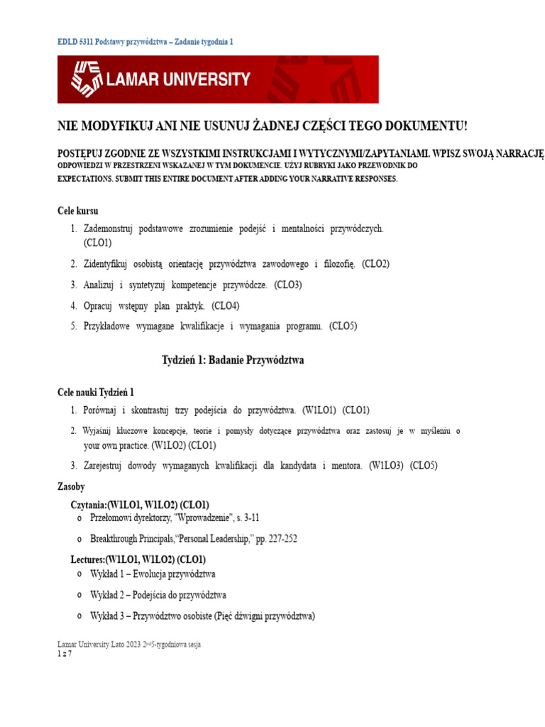 EDLD 5311 Tydzień 1 Zadanie - Badanie Przywództwa | PDF