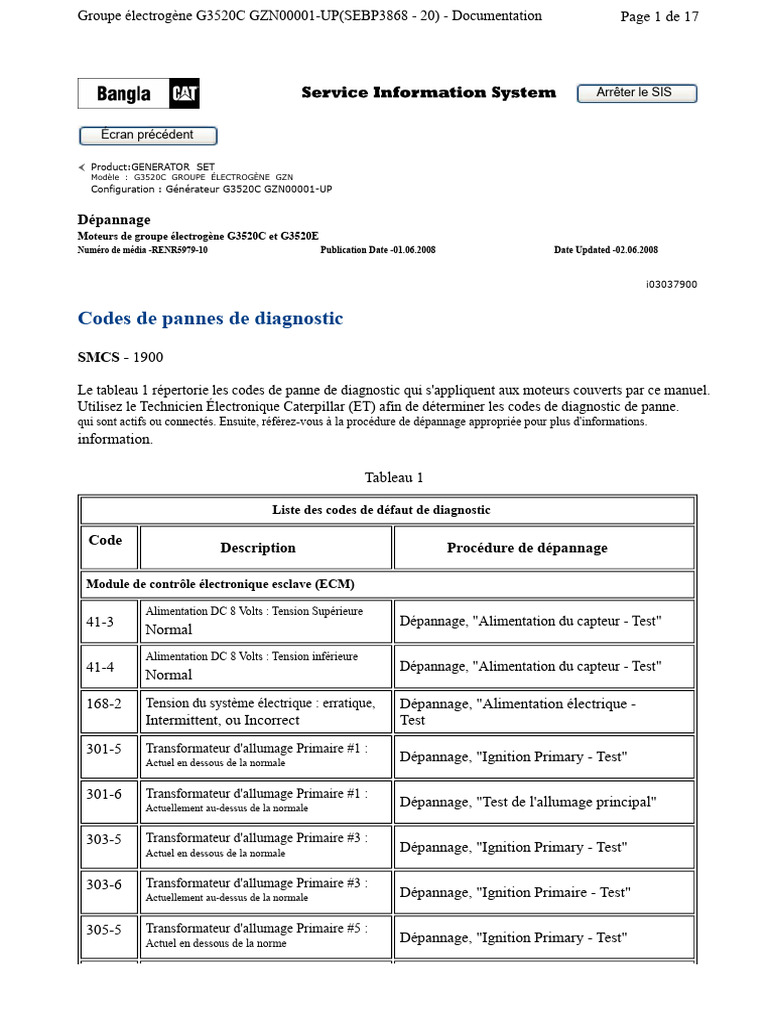 Codes de panne pour G3520C GZN | PDF | Allumage | Transformateur électrique