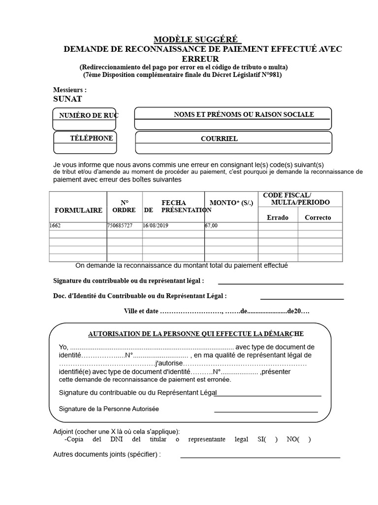Demande de Reconnaissance de Paiement Erroné | PDF