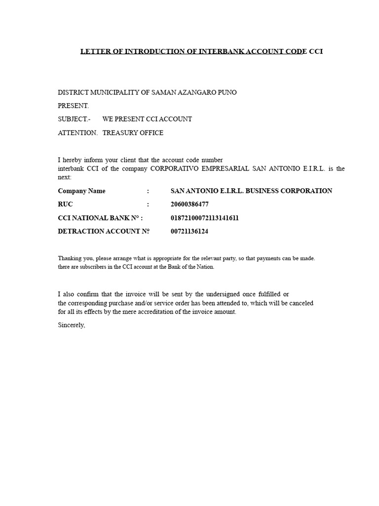 Letter of Presentation of Interbank Account Code (Cci) | PDF