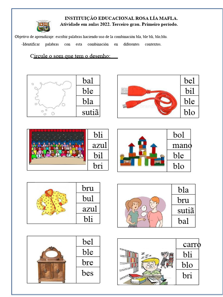 Aprendizado de Sílaba: Bla, Ble, Bli, Blo, Blu | PDF