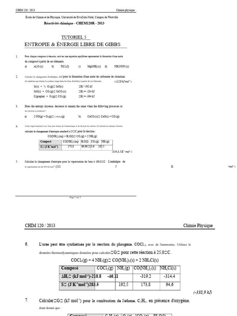 Entropie et Énergie Libre en Chimie | PDF | Enthalpie libre | Équilibre ...
