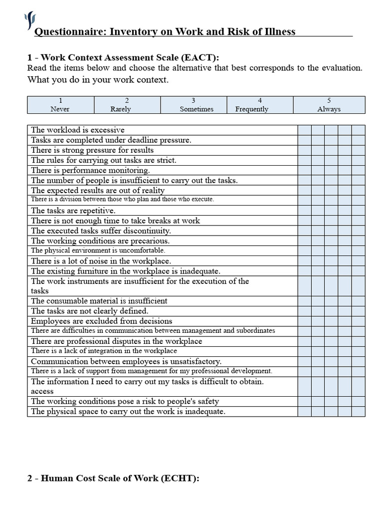 Work Risk and Illness Questionnaire | PDF | Risk | Well Being