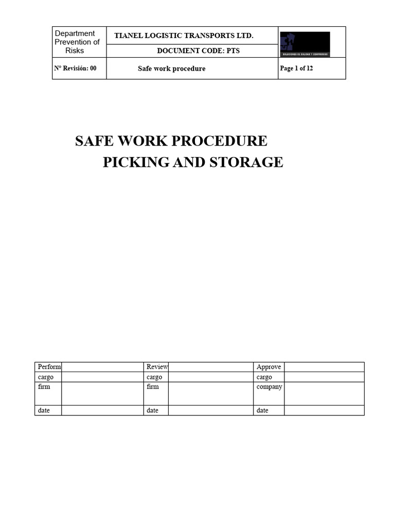Safe Work Procedure for Picking & Storage | PDF | Personal Protective ...