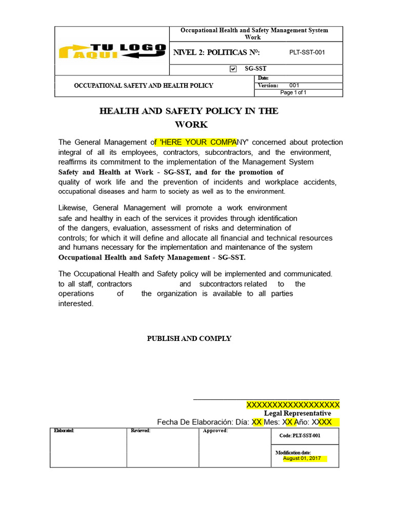 Occupational Health and Safety Policy | PDF | Occupational Safety And ...