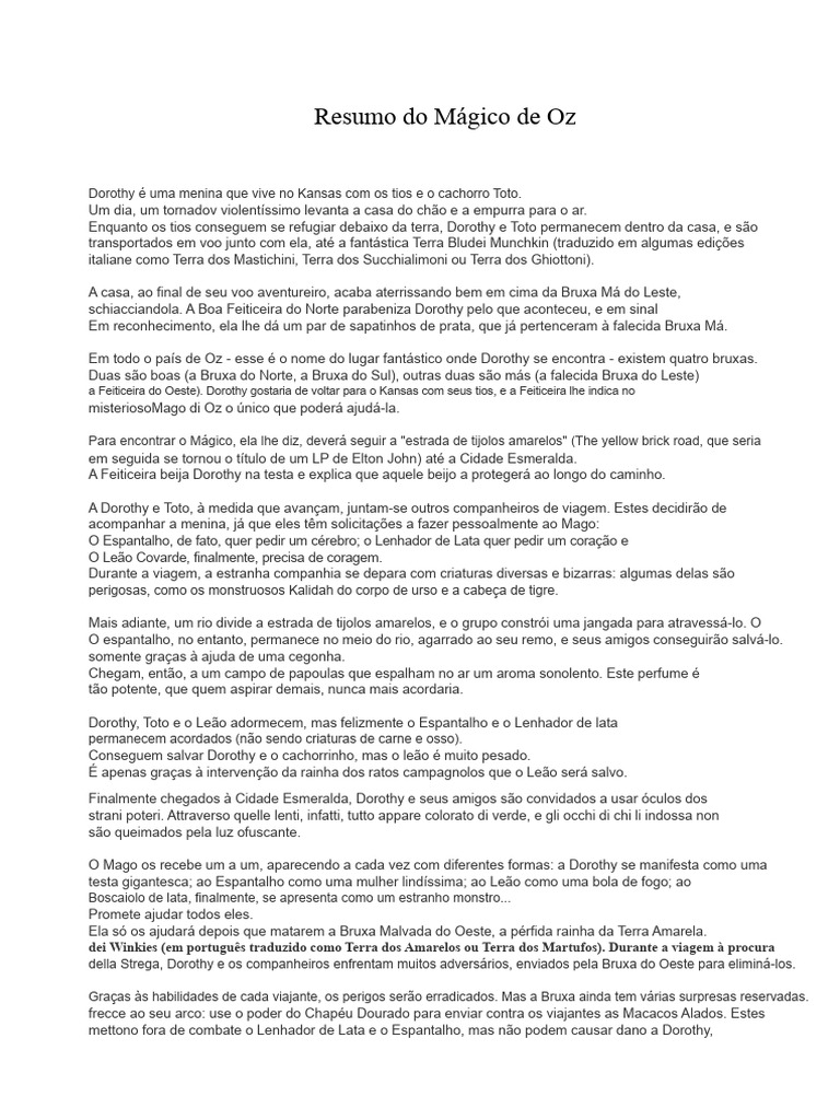 Resumo O Mágico de Oz | PDF | Dorothy Gale | Oz (franquia)