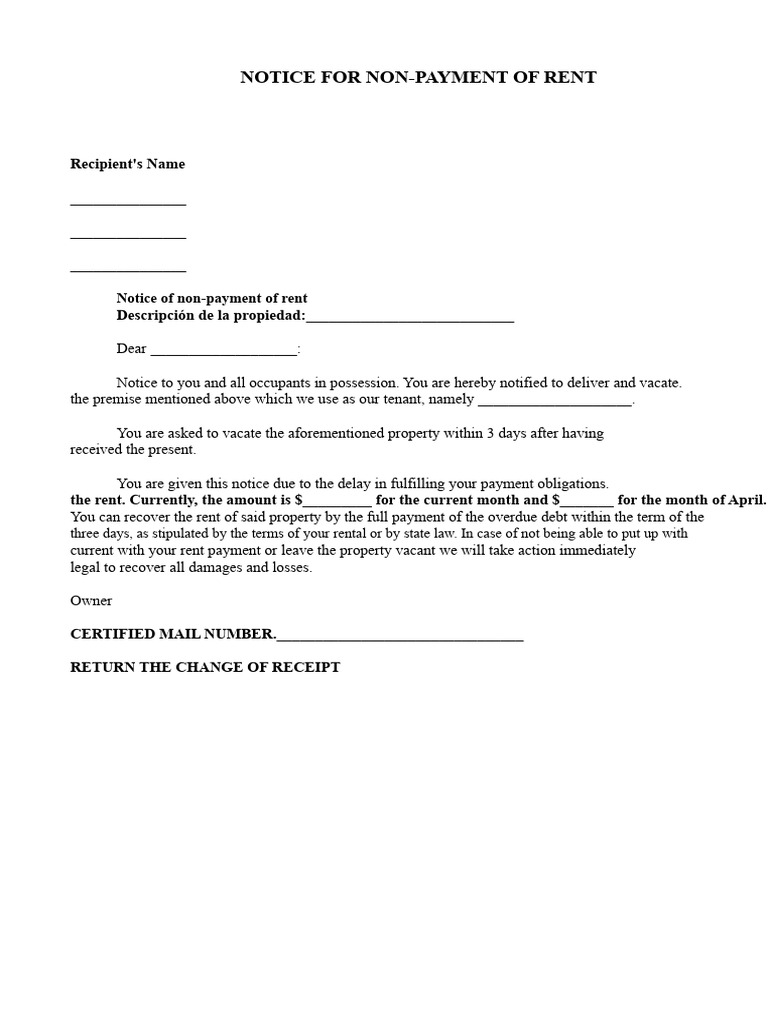 Notice For Non-Payment of Rent | PDF
