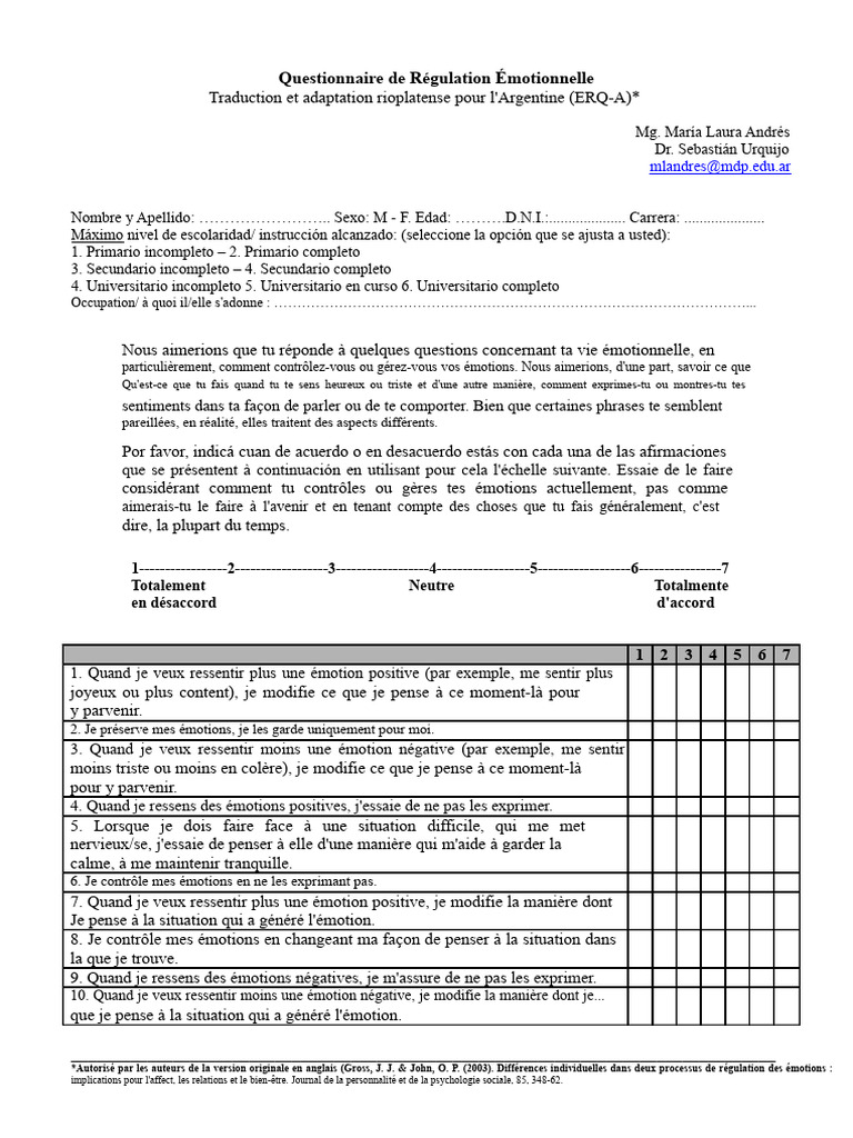 Questionnaire de Régulation Émotionnelle ERQ-A | PDF | Émotions ...