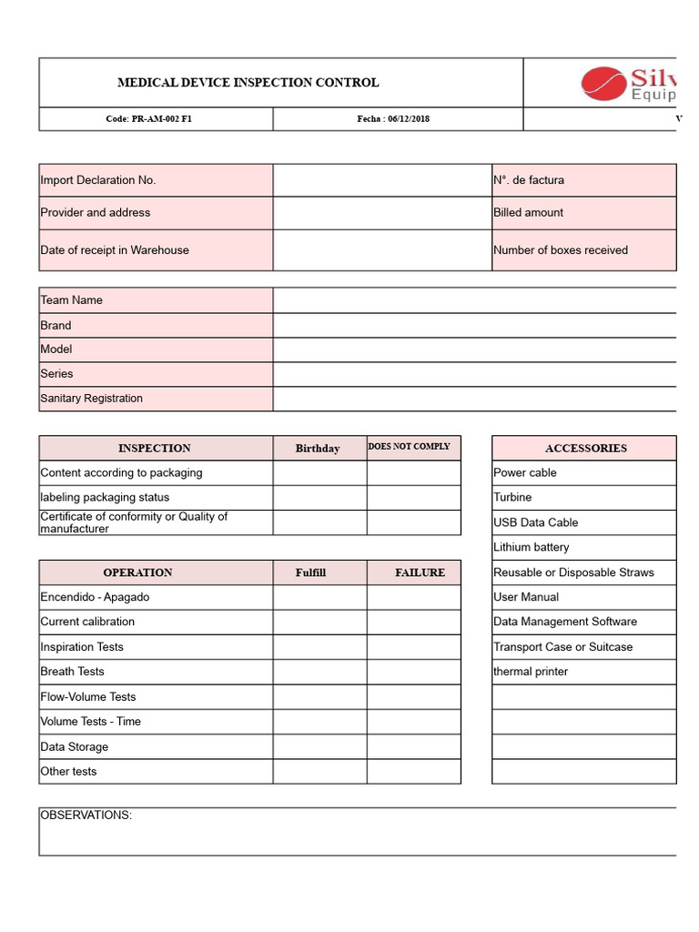 Medical Device Inspection Checklist | PDF | Medical Device | Calibration