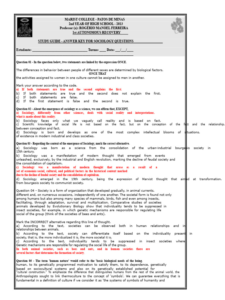 Sociology Study Guide Answer Key | PDF | Neoliberalism | Sociology