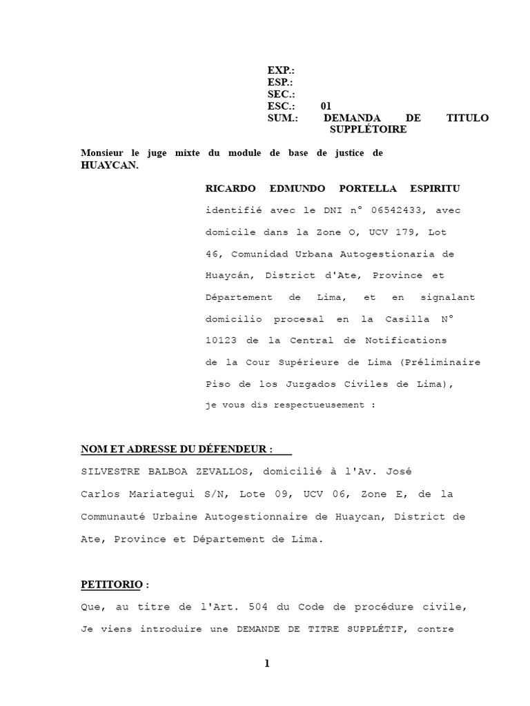 Demande de Titre Supplétif à Lima | PDF | Justice | Crime et violence