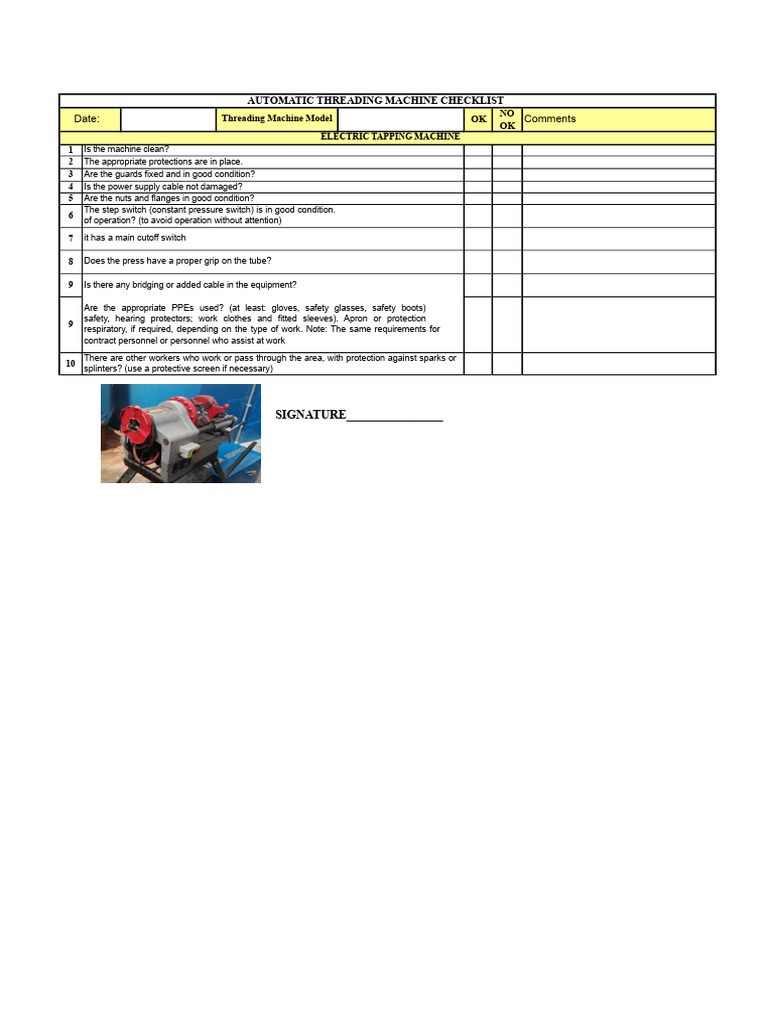 Automatic Threading Machine Safety Checklist | PDF