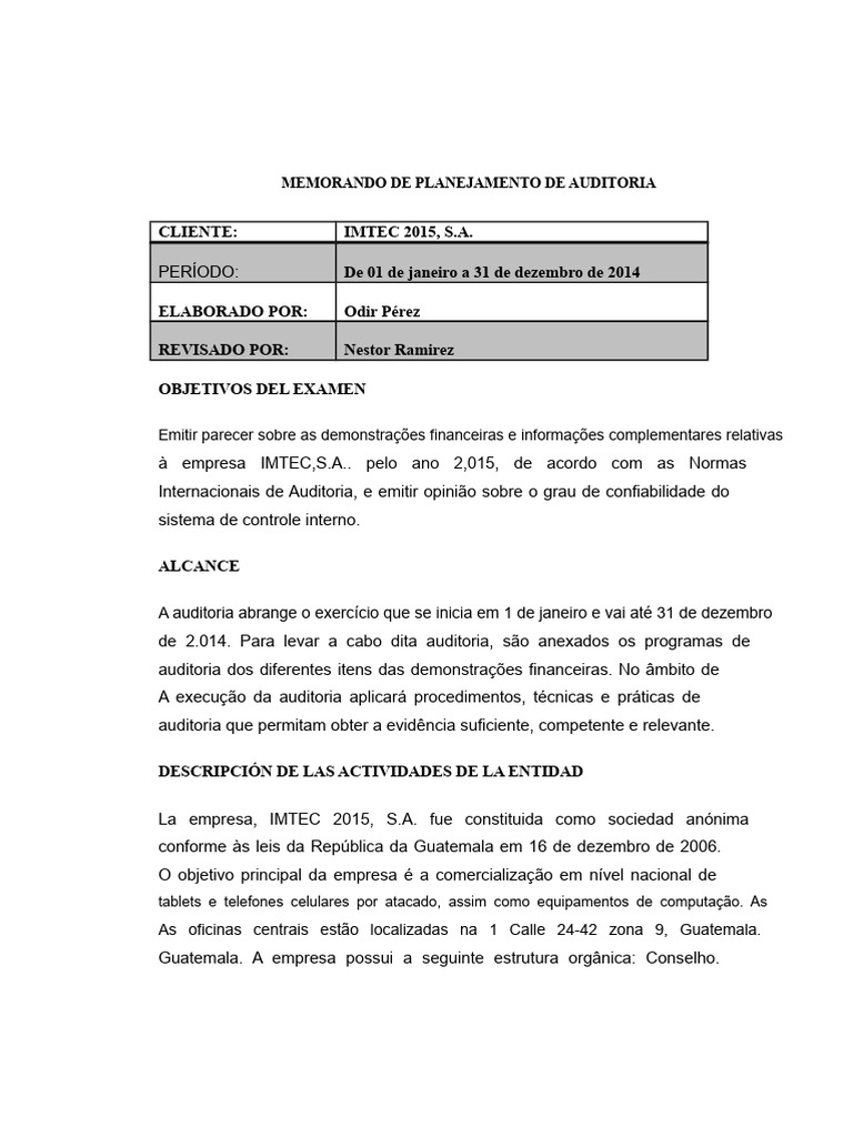 Planejamento de Auditoria IMTEC 2015 | PDF | Qualidade (negócios ...