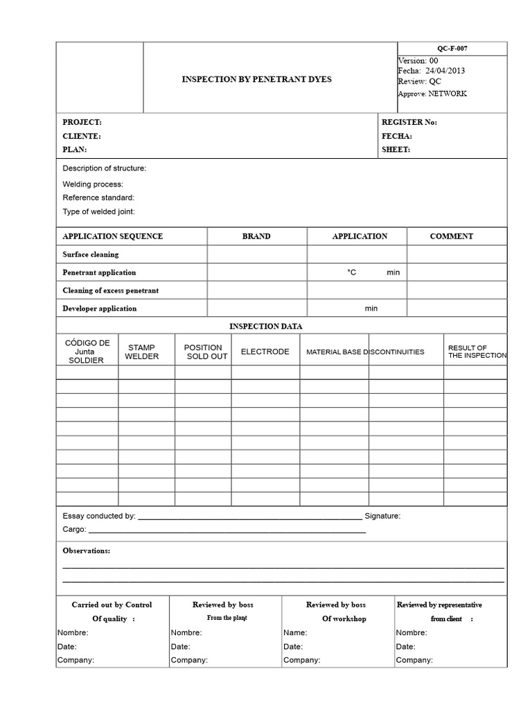 Inspection Record for Penetrant Dyes | PDF | Welding | Construction