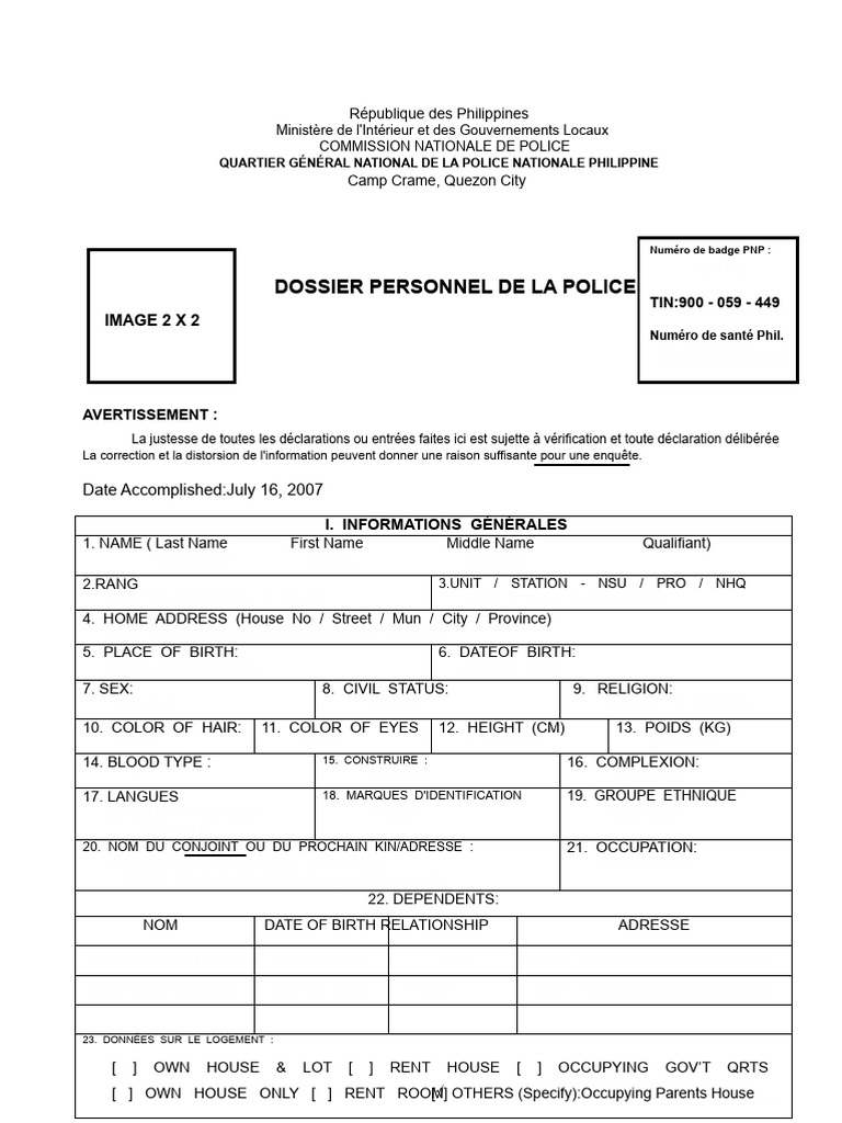 Dossier Personnel Inspecteur Police PNP | PDF | Informatique