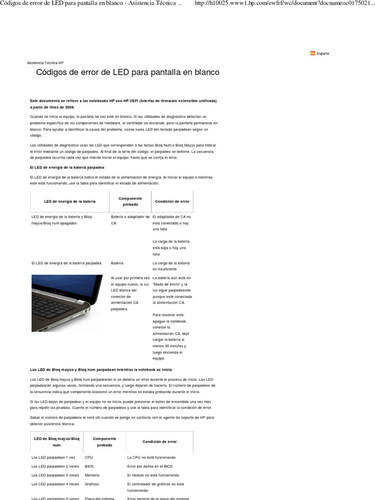 Códigos de Error de LED para Pantalla en Blanco - Asistencia Técnica HP ...