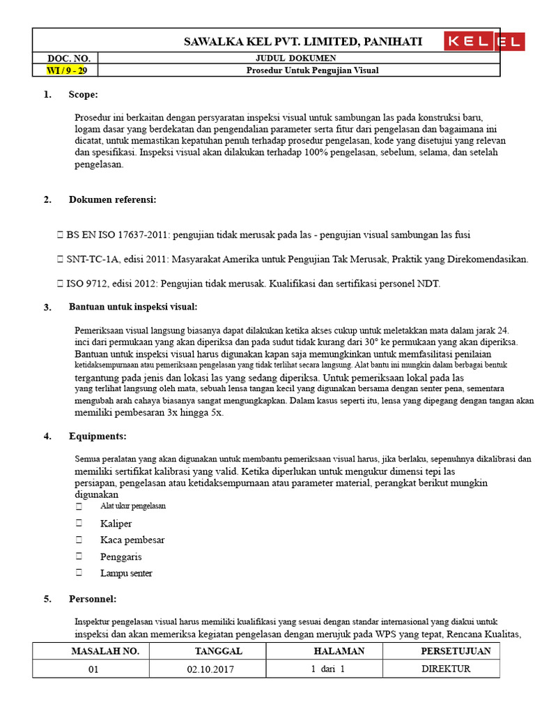Prosedur Inspeksi Visual Pengelasan | PDF