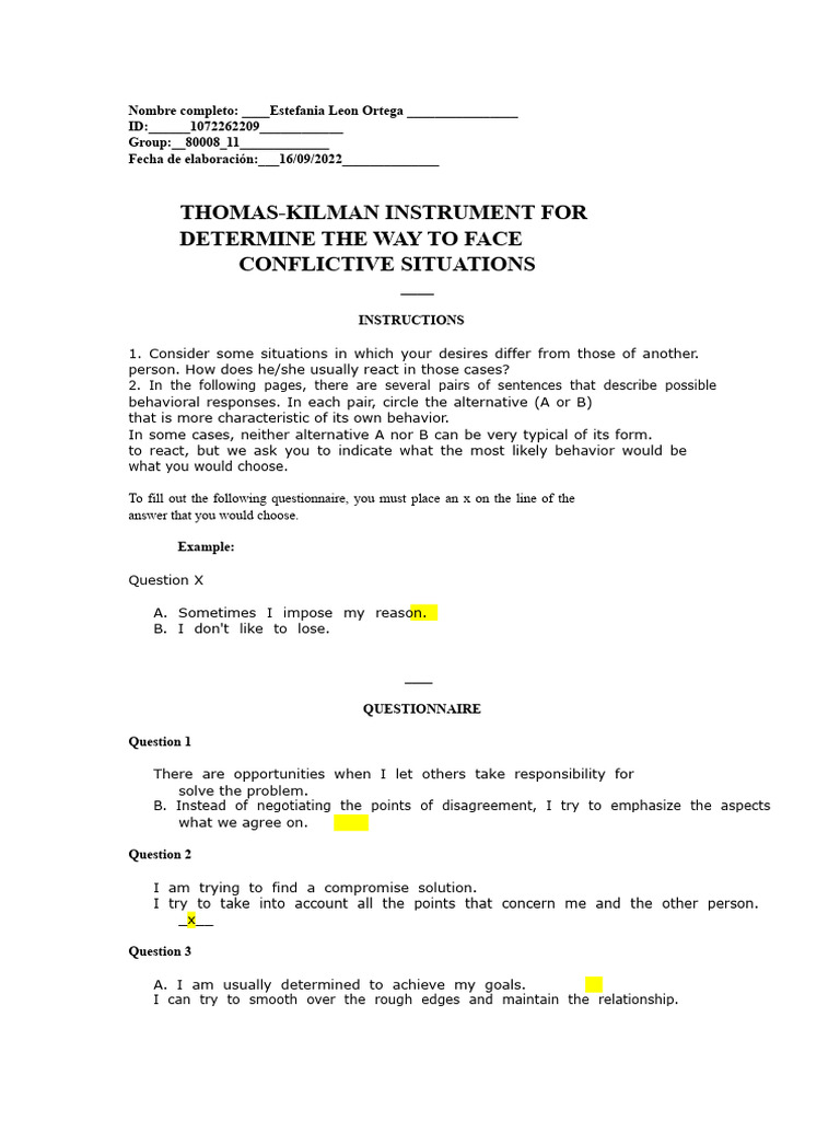 Annex 1. TKI Test Questionnaire | PDF | Questionnaire | Social Psychology