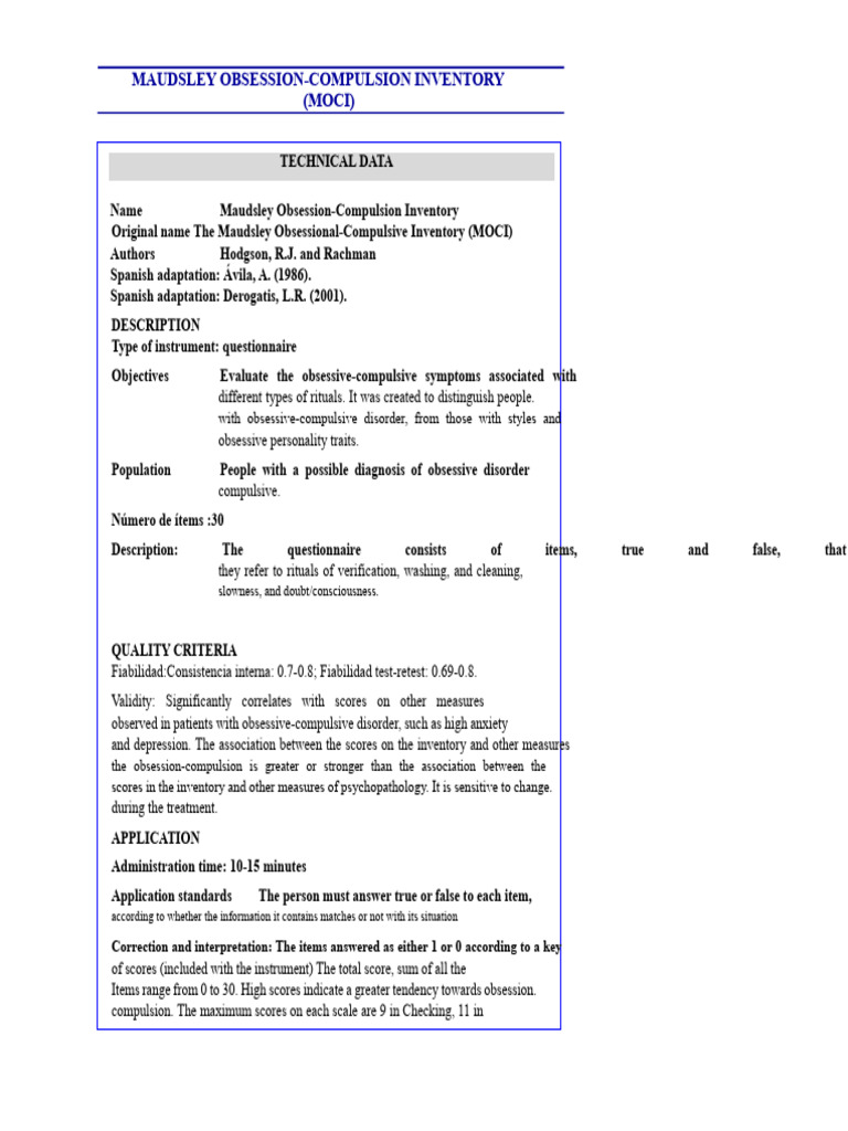 Maudsley Obsession-Compulsion Inventory Guide | PDF | Obsessive ...