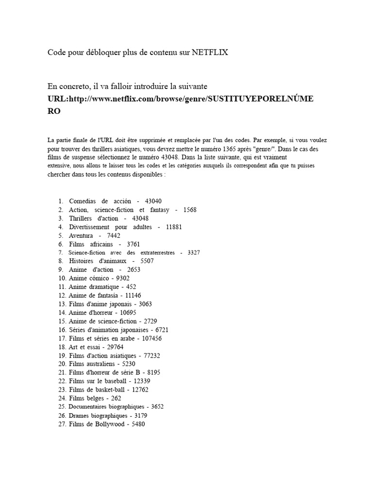Codes Netflix pour débloquer des genres | PDF