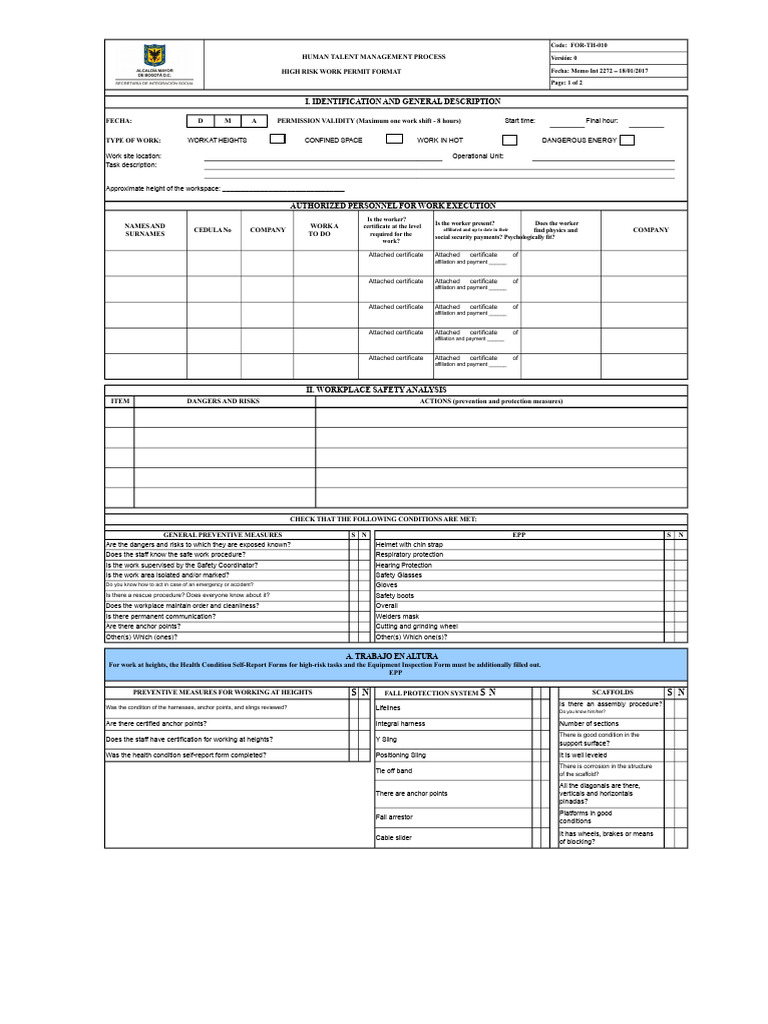 High-Risk Work Permit Format Guide | PDF | Safety | Occupational Safety ...