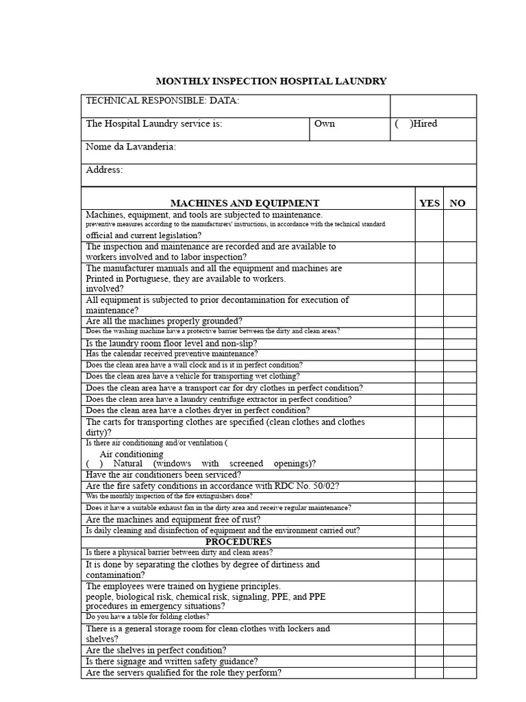Monthly Hospital Laundry Inspection Checklist | PDF | Personal ...