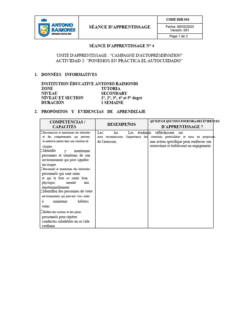 Séance d'Apprentissage sur l'Autosoins | PDF | Estime de soi | Concept ...
