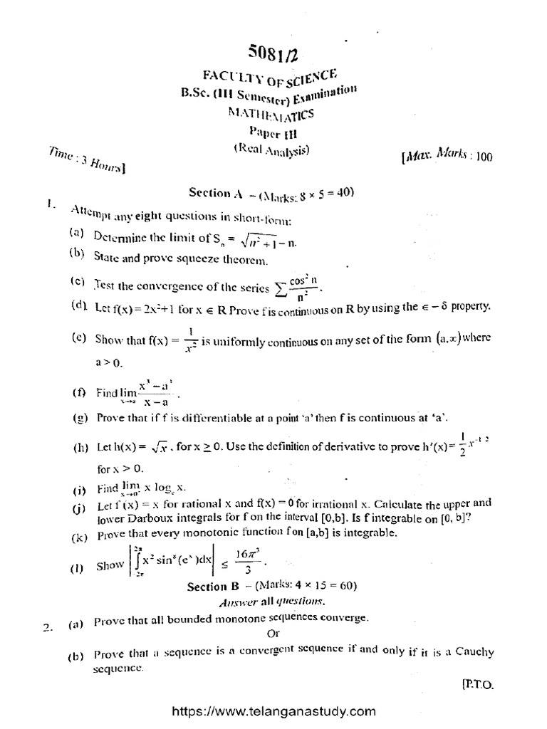 BSC 3 Sem Mathematics p3 Real Analysis 5081 2 Dec 2023 | PDF