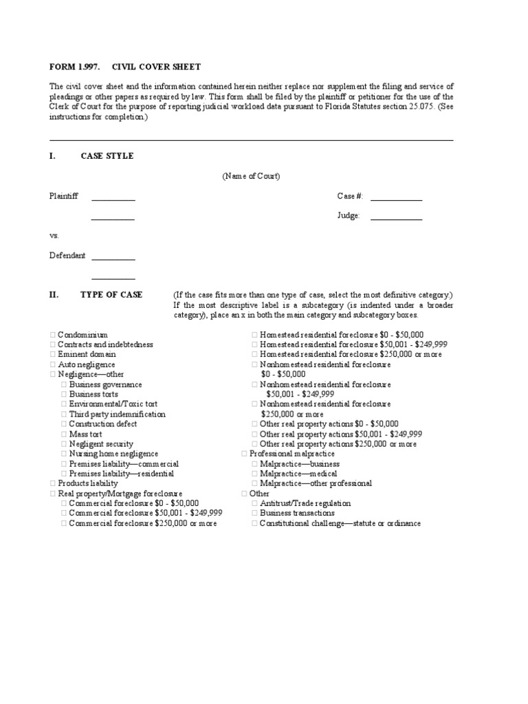 Florida Civil Cover Sheet Guide | PDF