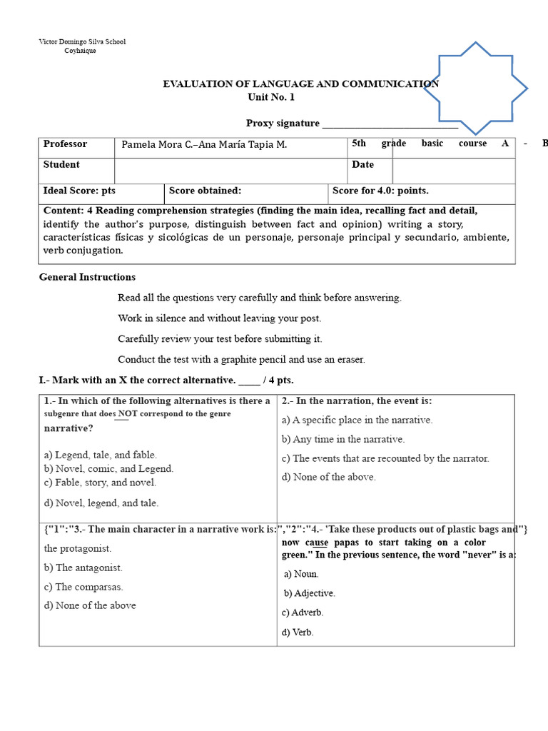 LANGUAGE AND COMMUNICATION EVALUATION Unit 1 Fifth | PDF | Earthquakes ...