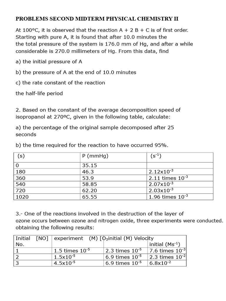 Problem Set Second Midterm Physical Chemistry Ii | PDF | Reaction Rate ...