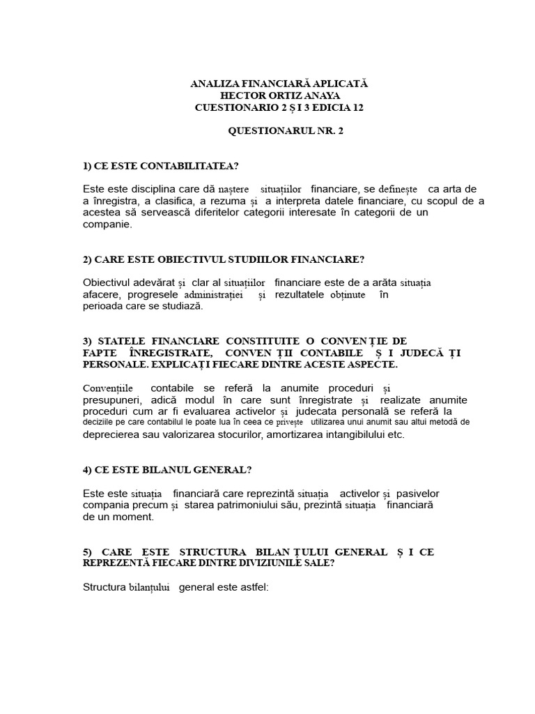 CH Questionar Capitolul 2 Și 3 Analiza Financiară Aplicată | PDF