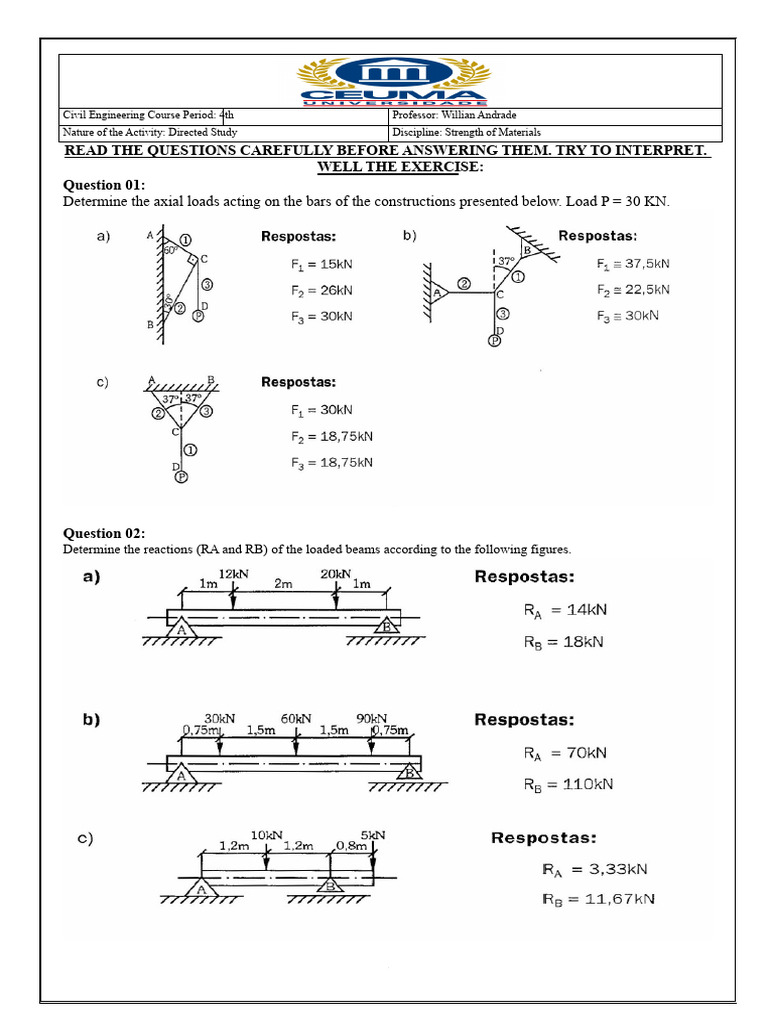 1st List of Exercises Material Resistance | PDF