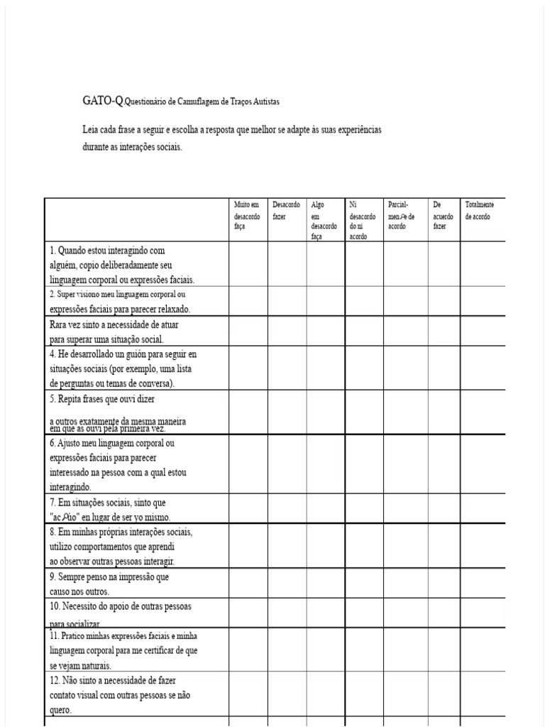 Questionário de Camuflagem Autista CAT-Q | PDF | Autismo | Linguagem ...