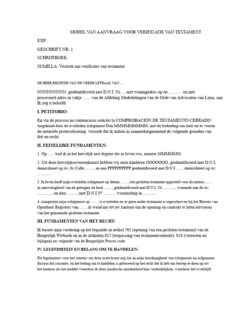 Model Van Verzoekschrift Tot Controle Van Testament | PDF