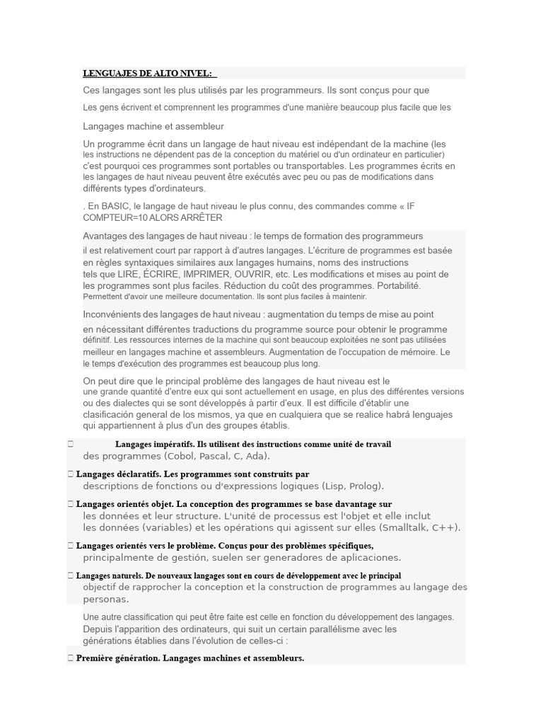 Langages de haut niveau : Avantages et inconvénients | PDF | Java ...