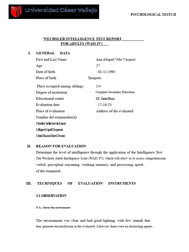 WAIS IV Intelligence Test Report | PDF | Wechsler Adult Intelligence ...