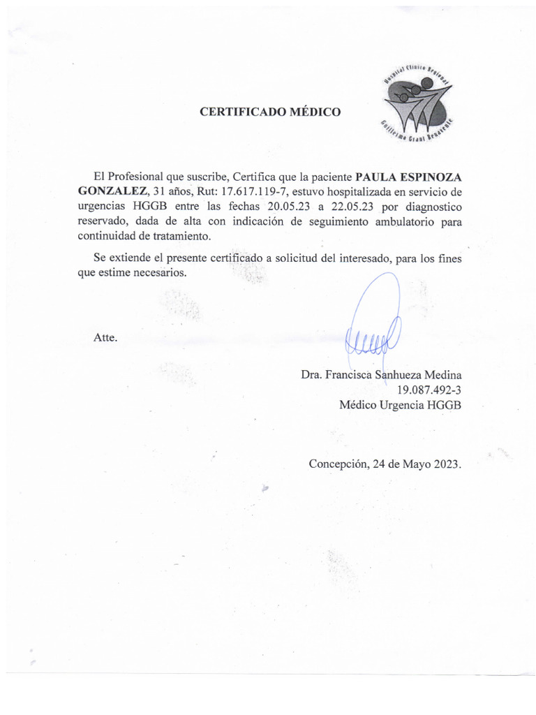 Hospitalization Certificate of Paula Espinoza | PDF